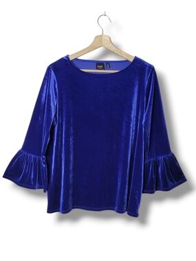 Rafaella Studio Blue Velvet Bell Sleeve Top Size M NWT